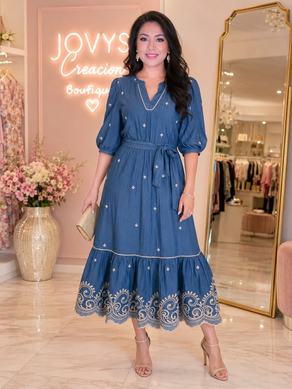 Embroidered Blue Midi Dress with Waist Tie